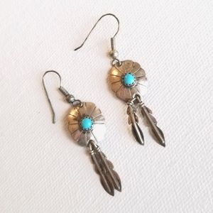 Vintage native handmade teal feather earrings